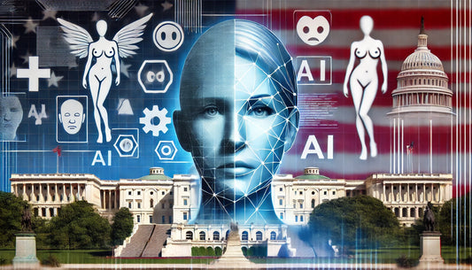 visual representation that captures the intersection of AI, politics, and the adult entertainment industry, highlighting the ethical dilemmas and the influence of AI on both fields.