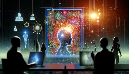 modern digital illustration of a glowing AI interface with abstract, colorful patterns representing creativity and technology