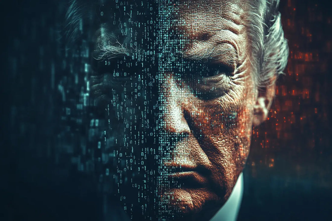 A modern and slightly ominous digital image that represents the impact of deepfake technology on elections. 