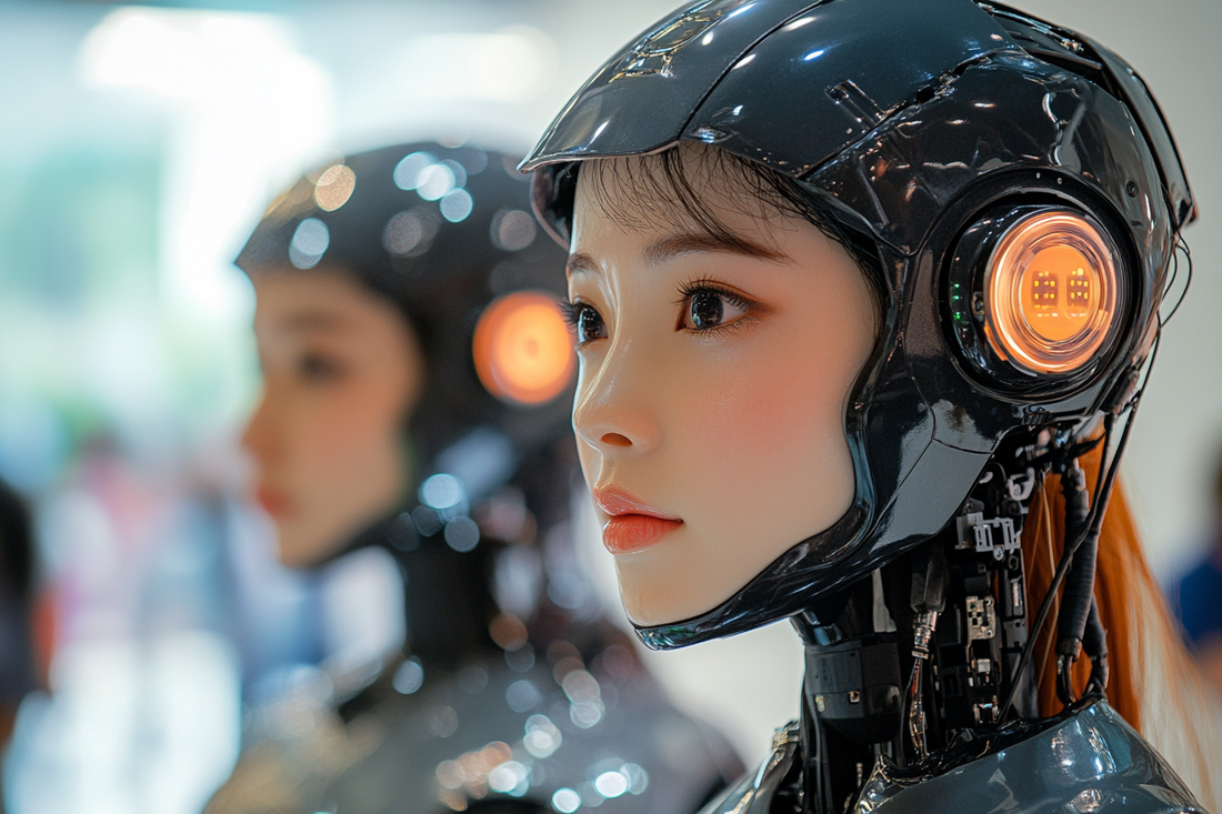 futuristic and high-tech atmosphere of the robotics conference in Shenzhen, China. advanced humanoid robots woman on display