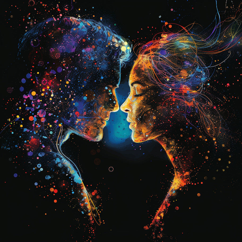 Man and woman kiss illustration, made of paint and pixels