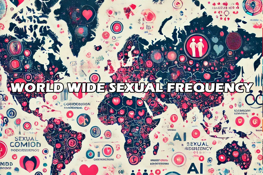 An artistic world map with highlighted countries where sexual frequency is highest, featuring icons like hearts, couples, and AI symbols.