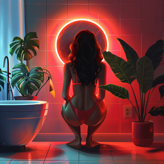 sexy woman looking at a red circular light