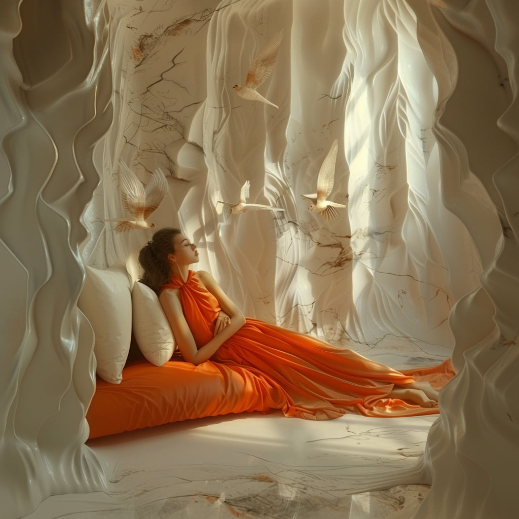 woman laying on white floor inside a bright white cave